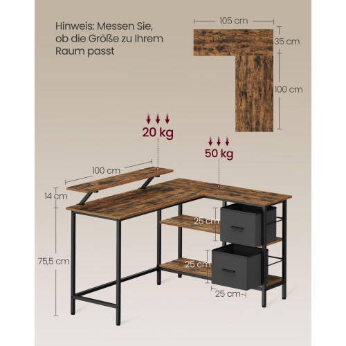 Skrivebord i L-form med monitorhylde og 2 rummelige skuffer – rustik brun