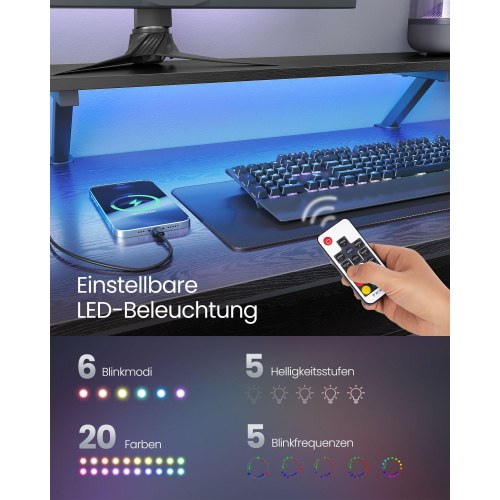 Skrivebord hjørne L-form gaming skrivebord med LED, skærmhylde, 4 strømudtag, 2 USB-porte, 2 skuffer, træ sort (LWD095B01)