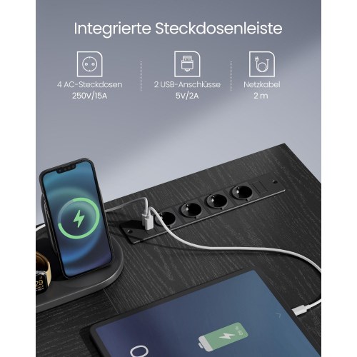 Skrivebord hjørne L-form gaming skrivebord med LED, skærmhylde, 4 strømudtag, 2 USB-porte, 2 skuffer, træ sort (LWD095B01)