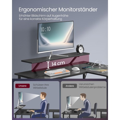 Skrivebord hjørne L-form gaming skrivebord med LED, skærmhylde, 4 strømudtag, 2 USB-porte, 2 skuffer, træ sort (LWD095B01)