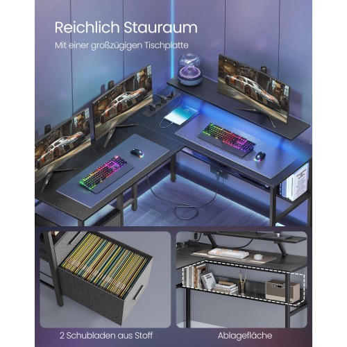 Skrivebord hjørne L-form gaming skrivebord med LED, skærmhylde, 4 strømudtag, 2 USB-porte, 2 skuffer, træ sort (LWD095B01)