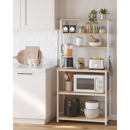 Køkkenreol med mikrobølgehylde 6 niveauer, stålramme, eg/hvid, 40 × 80 × 167 cm