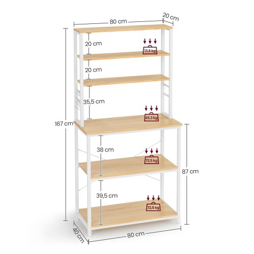 Køkkenreol med mikrobølgehylde 6 niveauer, stålramme, eg/hvid, 40 × 80 × 167 cm