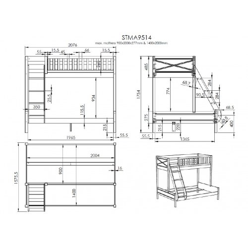 Køjeseng Scott familieseng 140x200 + 90x200 – hvid