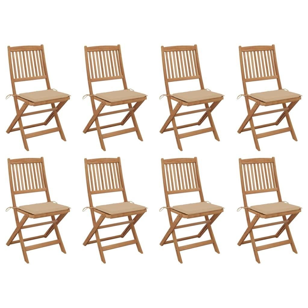 Foldbare havestole - 8 stk. med beige hynder i massivt akacietræ