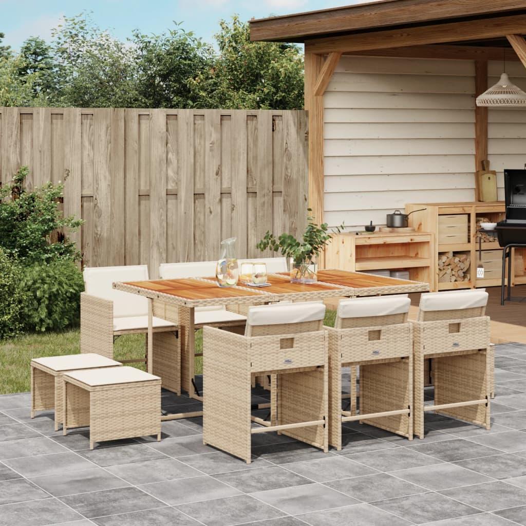 Spisebordssæt til haven 11 dele med hynder polyrattan beige