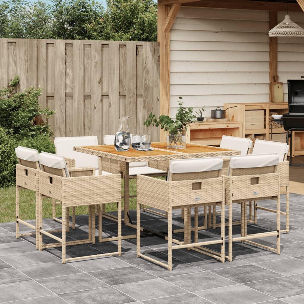 Spisebordssæt til haven 9 dele med hynder polyrattan beige