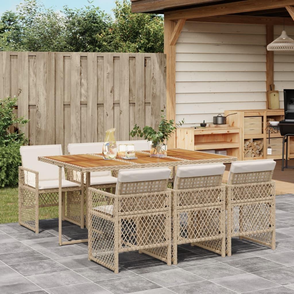 Spisebordssæt til haven 7 dele med hynder polyrattan beige