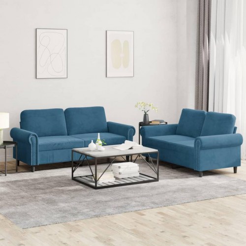 Sofasæt i velour - 2-pers. sofaer med hynder, blå (2 dele)