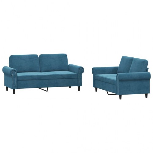 Sofasæt i velour - 2-pers. sofaer med hynder, blå (2 dele)