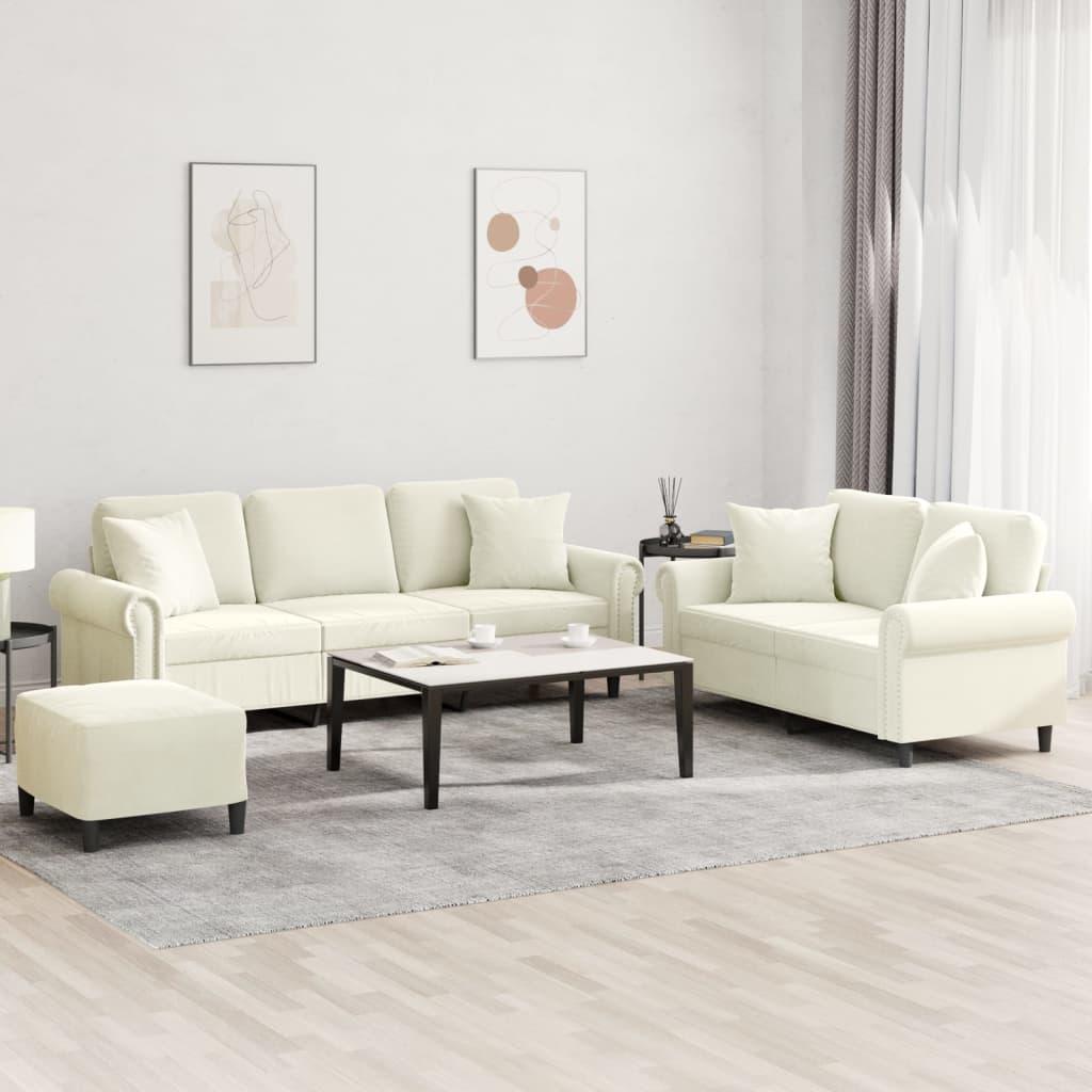 Sofasæt 3 dele med puder velour cremefarvet