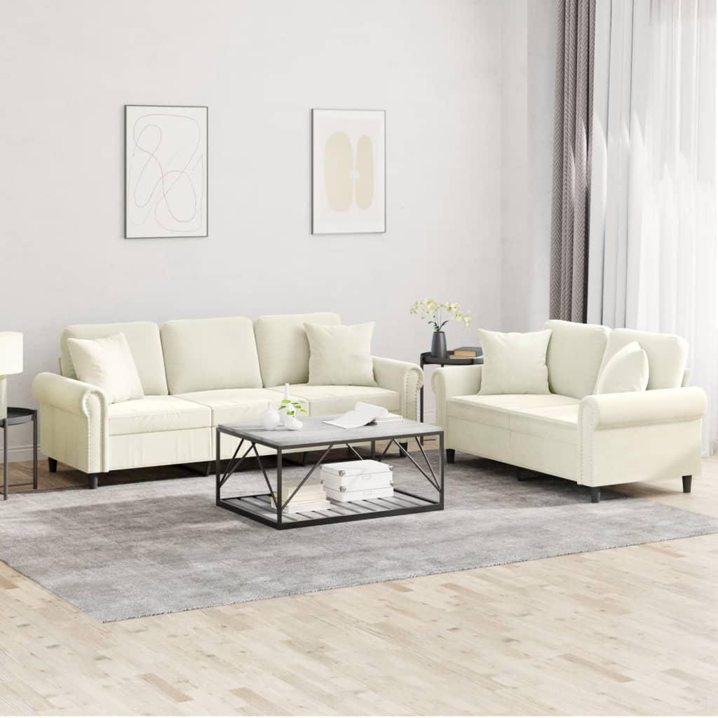 Sofasæt 2 dele med puder velour cremefarvet