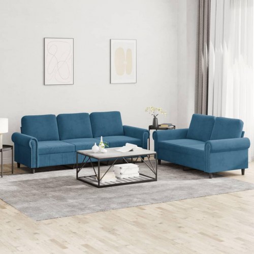 Sofasæt i velour - 2- og 3-personers med hynder, blå
