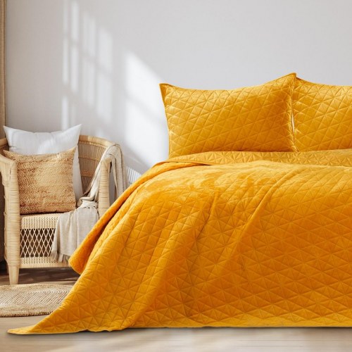Sengetæppe 220x240 sennepsgul - AmeliaHome LAILA fløjl polyester