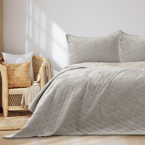 Sengetæppe 220x240 beige - AmeliaHome Laila, fløjl/polyester, glamour