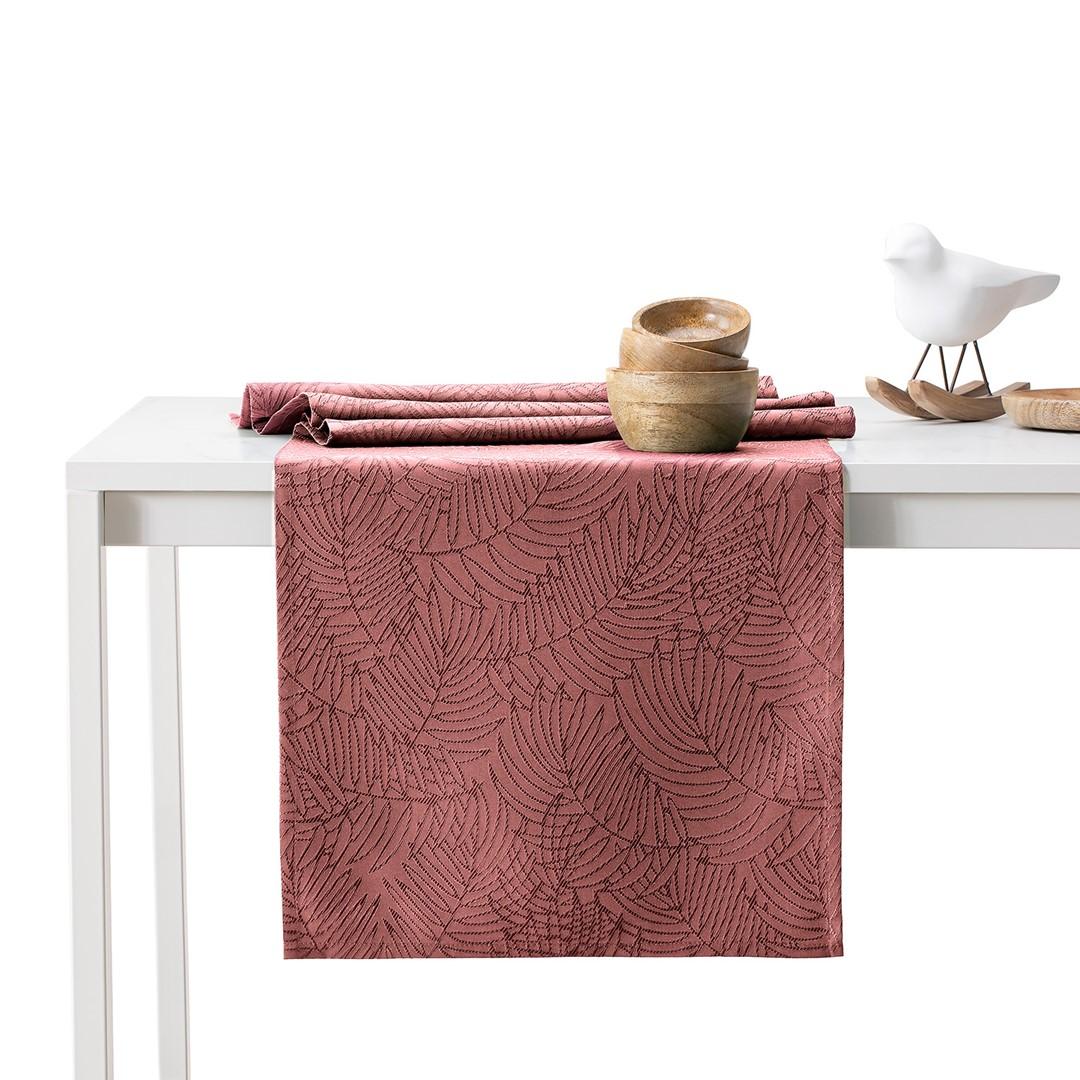 Dug lyserød med præget plantemotiv 115×180 + bordløber 35×180 - AmeliaHome Gaia