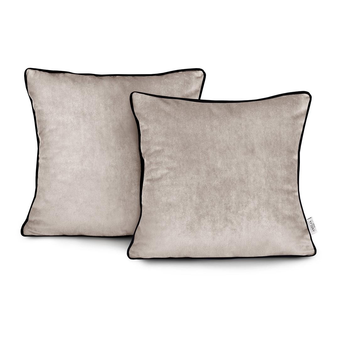 Pudebetræk fløjl 45x45 cm - beige med sort kantebånd - AmeliaHome (2 stk)