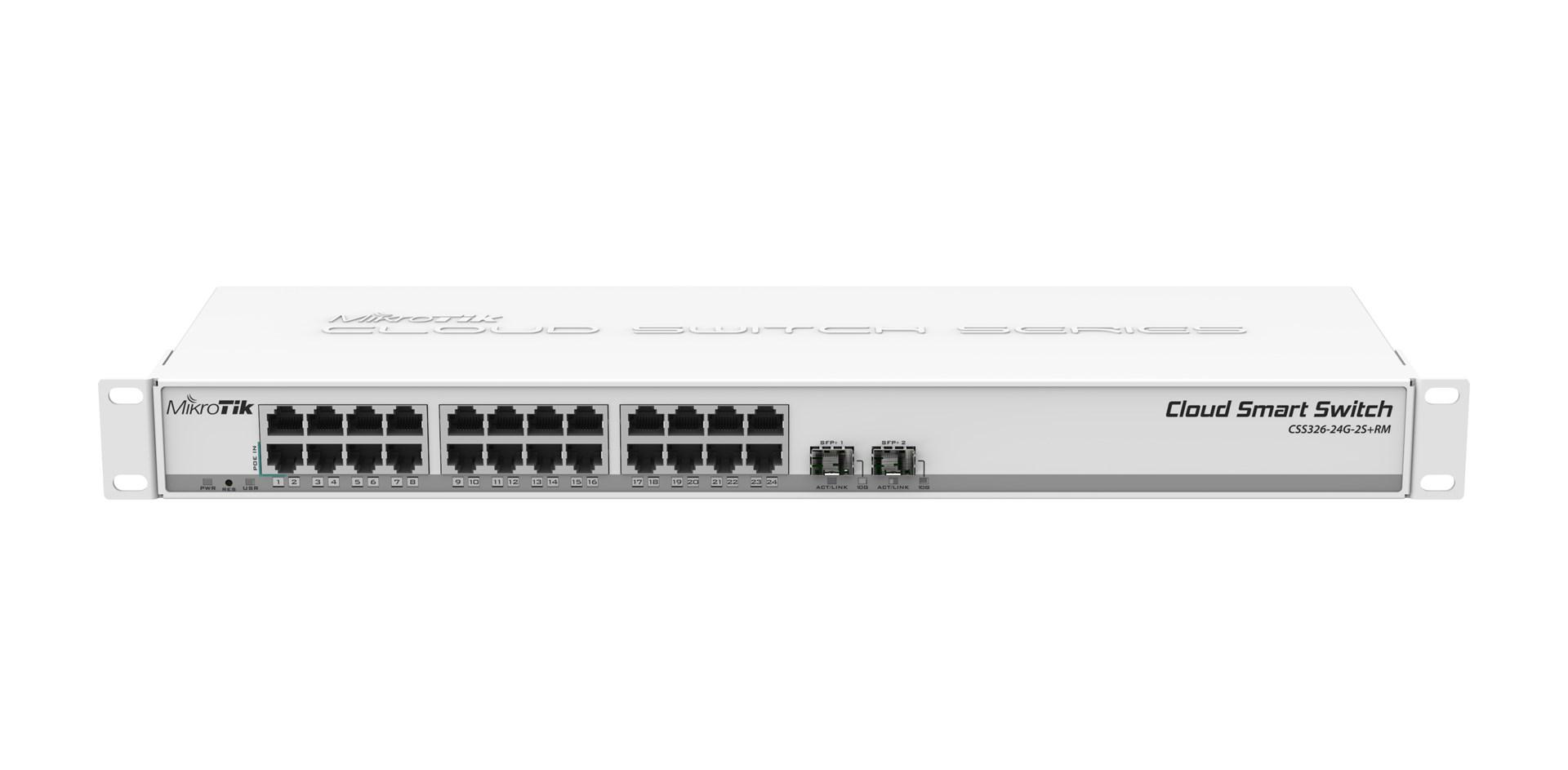 Netværksswitch Mikrotik CSS326-24G-2S+RM – Managed Gigabit, 24×RJ-45, 2×SFP+, 1U, hvid