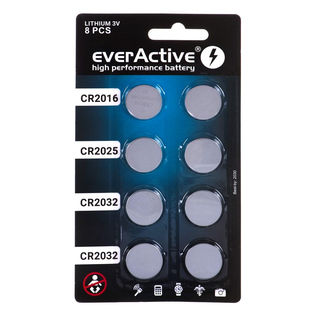 Knapcellebatterier 3 V everActive – 8-pak (4× CR2032, 2× CR2025, 2× CR2016)