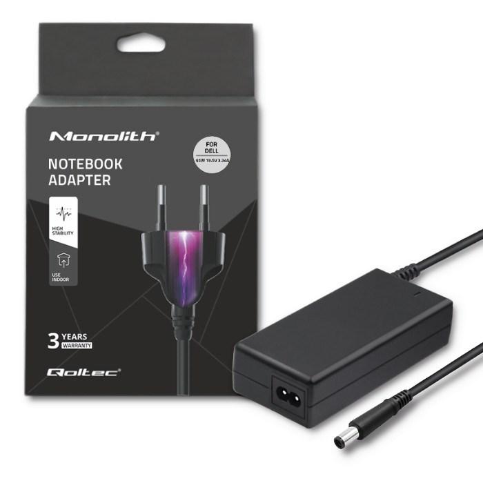 Strømforsyning til bærbar - Qoltec for Dell, 65 W, 19,5 V, 3,34 A, 7,4×5,0 mm + pin, inkl. netkabel billede