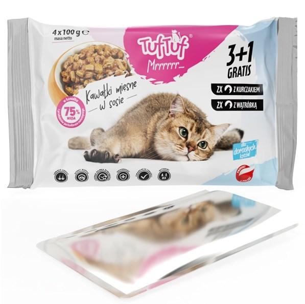 Vådfoder til kat – TufTuf 2x kylling, 2x lever, 4×100 g