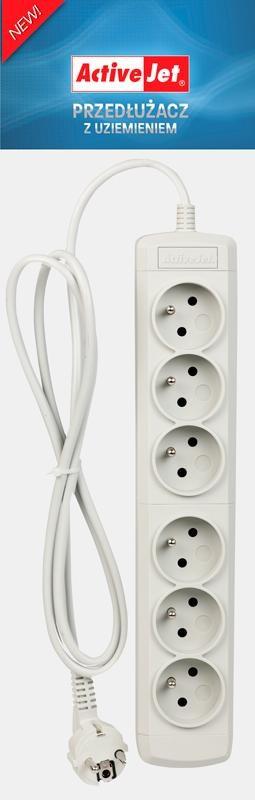 Forlængerledning 6 udtag 3 m - Activejet (type E, med afbryder)