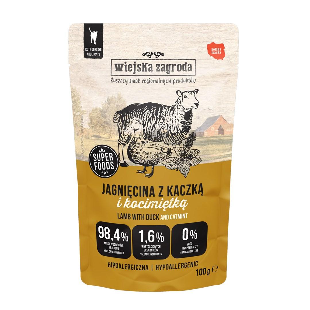 Vådfoder til kat – Wiejska Zagroda lam med and og katteurt 100 g