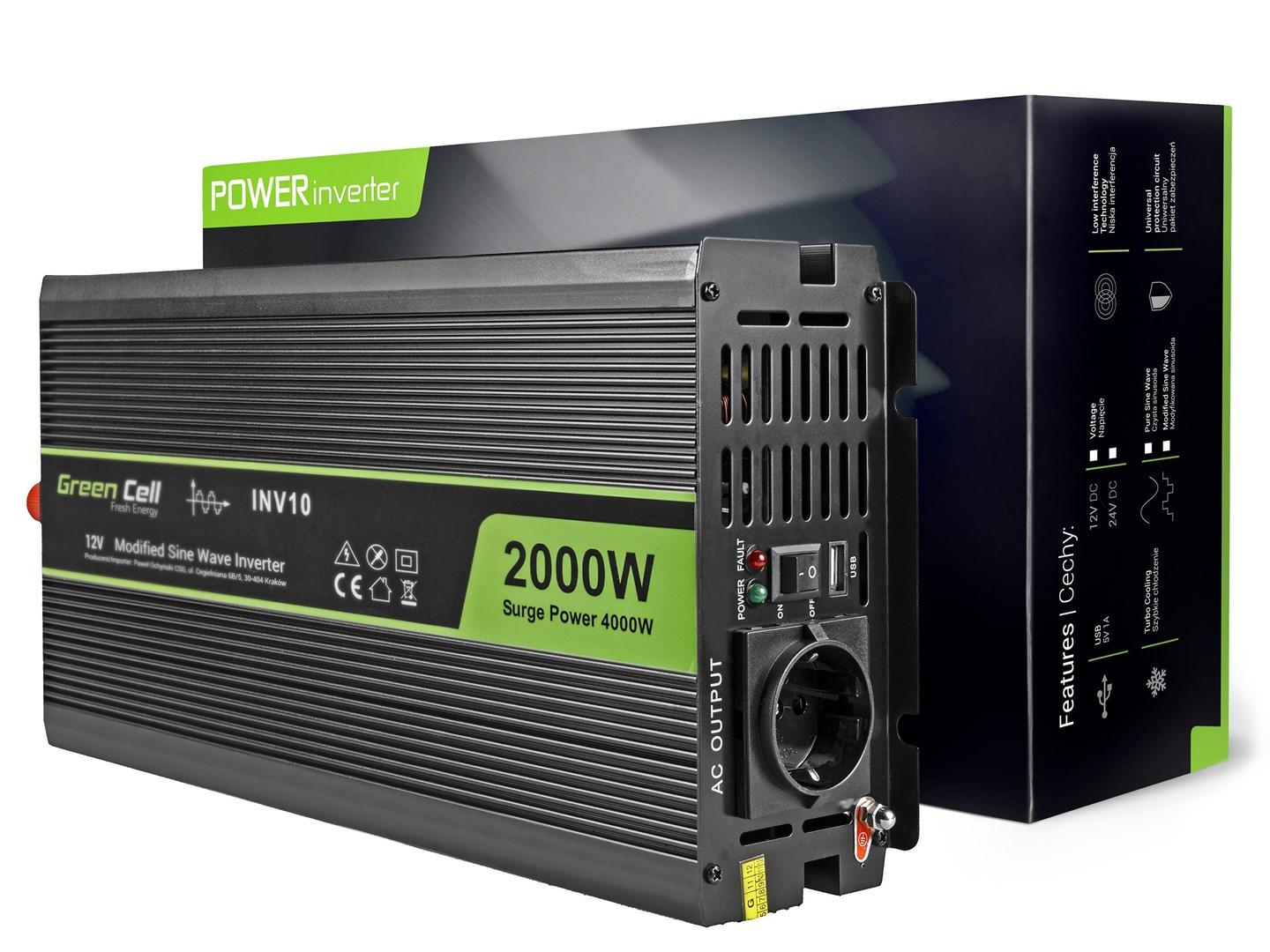 Strøminverter 12V til 230V  Green Cell INV10, 2000 W, sort