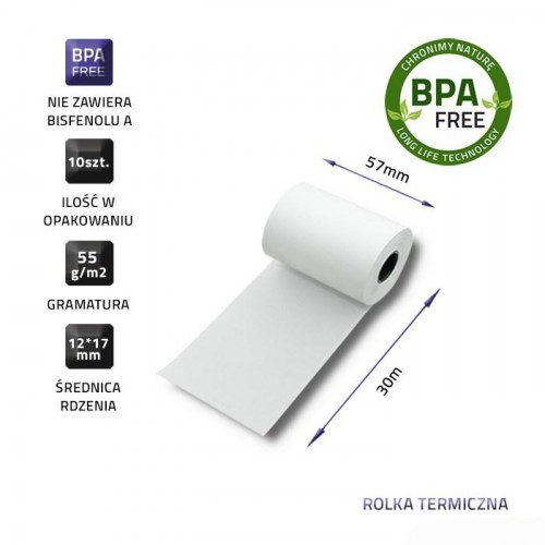 Bonruller termoruller 57 × 30 mm - Qoltec - 10 stk., BPA-fri, 55 g/m²