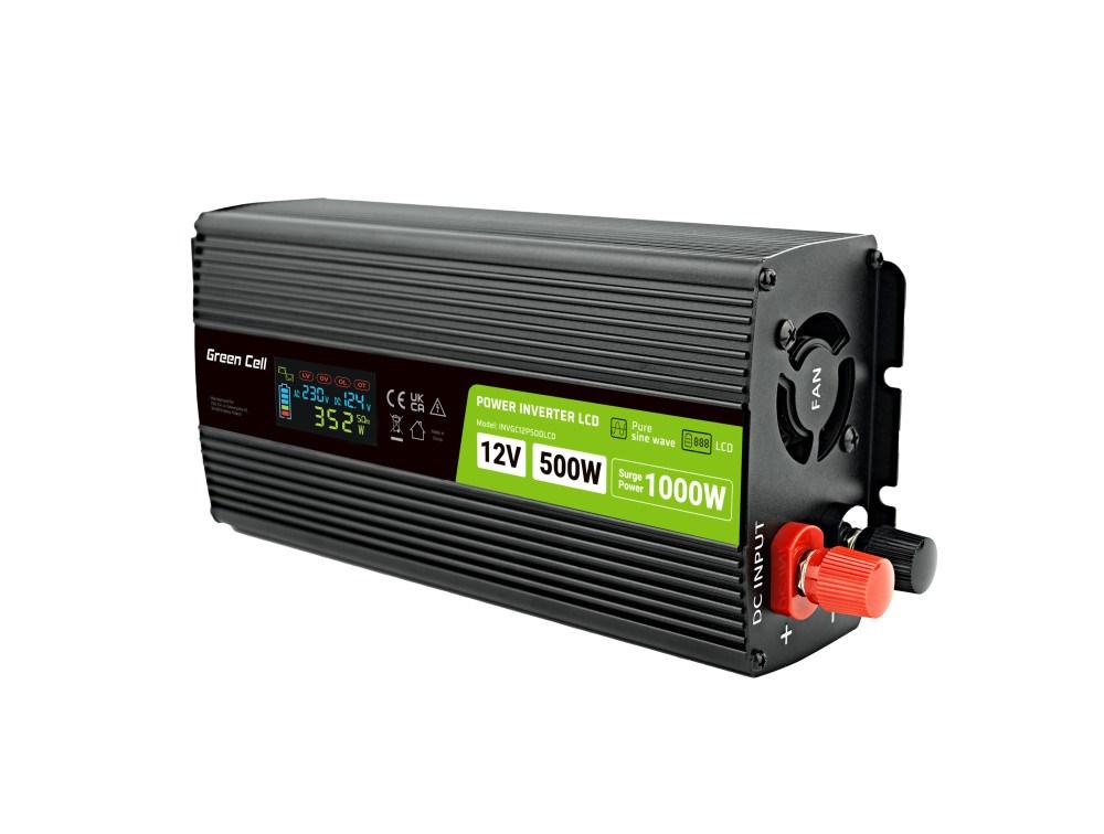 Strøminverter 12V til 230V med LCD - Green Cell, 500 W (1000 W spids), ren sinus billede