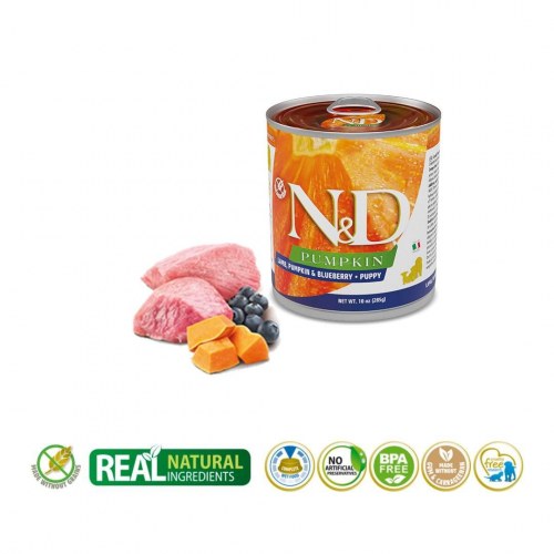 Hundefoder vådfoder Farmina N&D Puppy – lam, græskar & blåbær 285 g