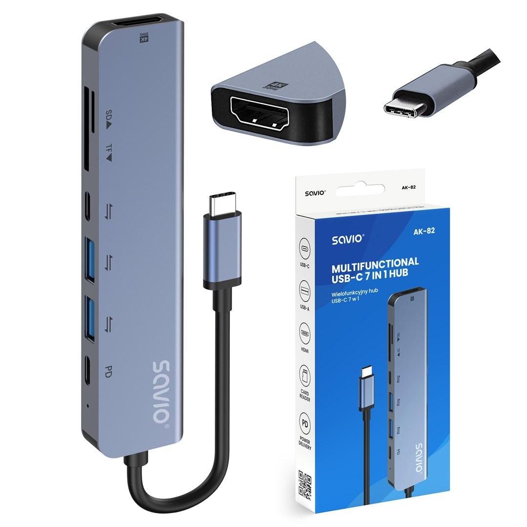 USB-C hub 7-i-1 Savio AK-82, 5 Gbit/s, sort