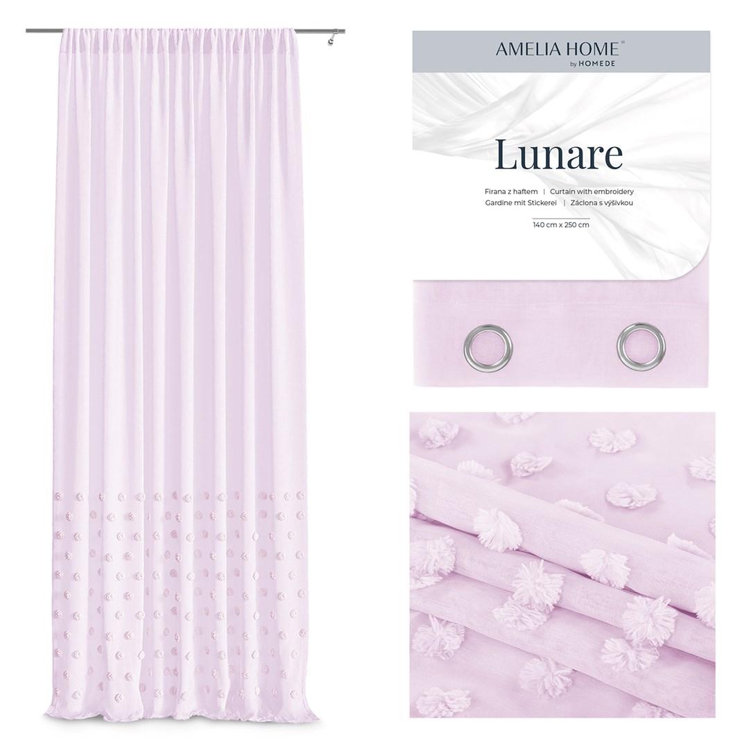 Gardin med bånd Amelia Home Lunare - lyserød, broderet boho, slør 140×250 cm