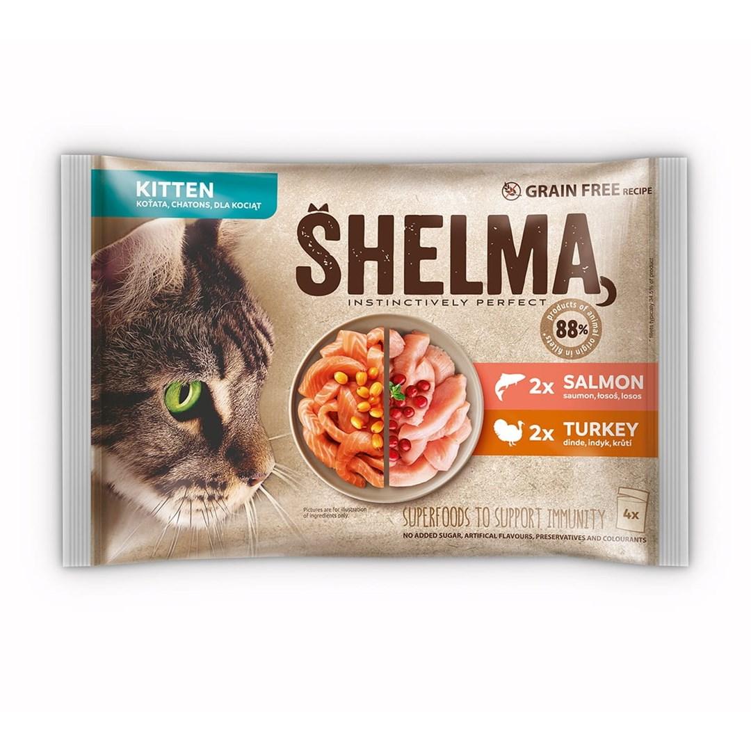 Vådfoder til killinger SHELMA – laks & kalkun i sauce, 4×85 g
