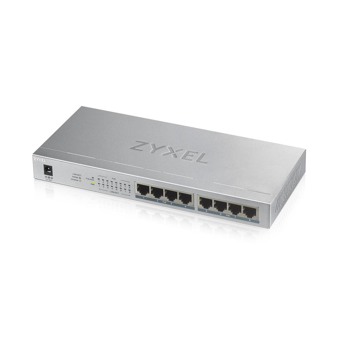 Netværksswitch Zyxel GS1008HP – 8-port Gigabit med PoE, grå