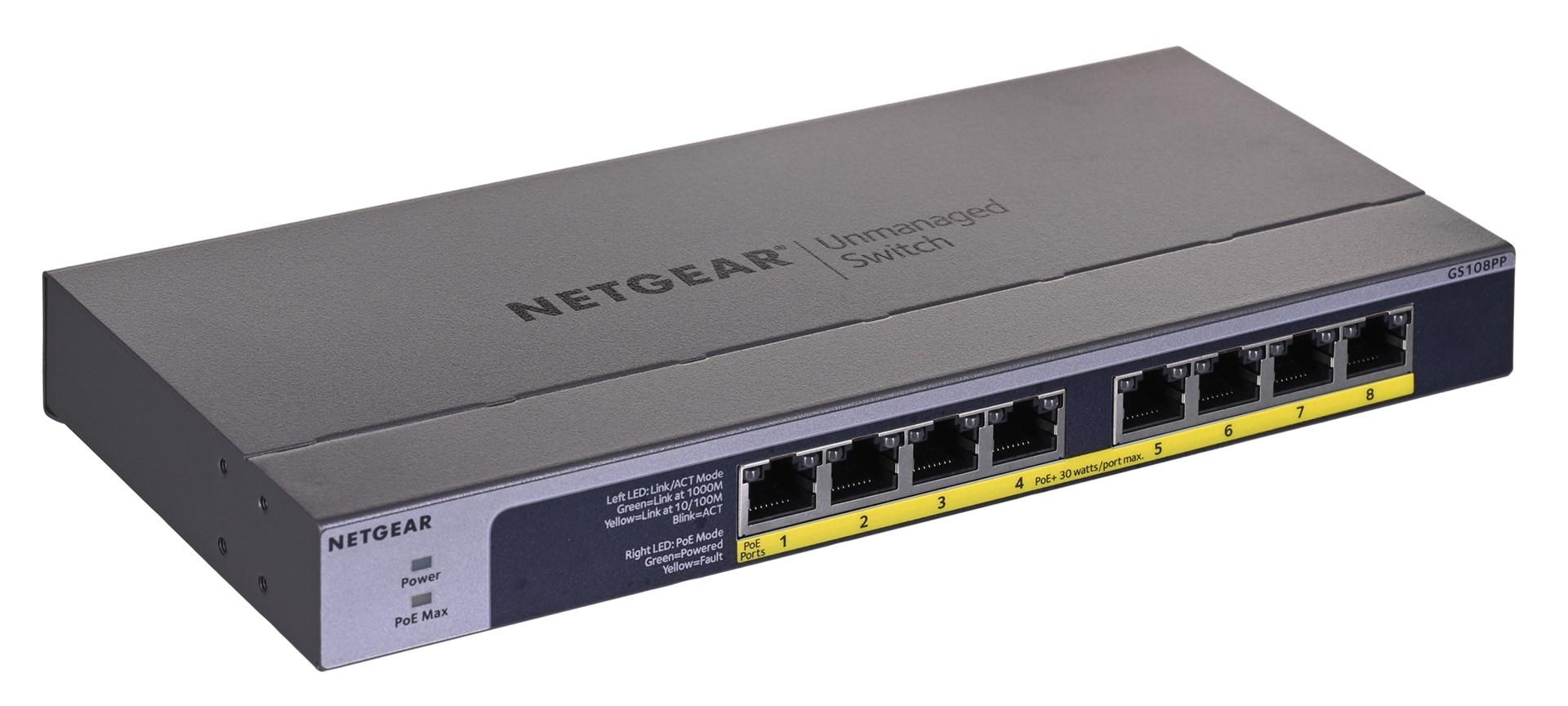 Netværksswitch NETGEAR GS108PP – 8-port Gigabit PoE+ (uadministreret) – sort