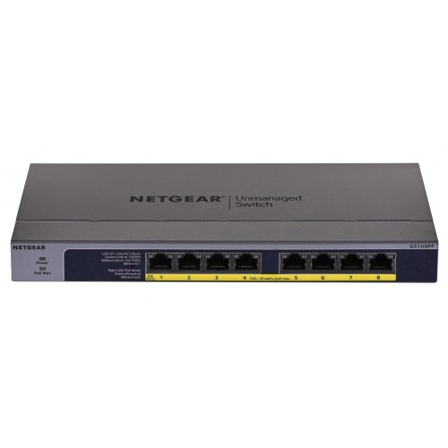 Netværksswitch NETGEAR GS108PP – 8-port Gigabit PoE+ (uadministreret) – sort