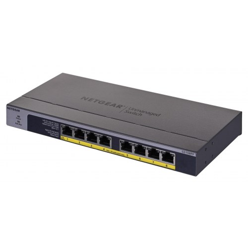 Netværksswitch NETGEAR GS108PP – 8-port Gigabit PoE+ (uadministreret) – sort