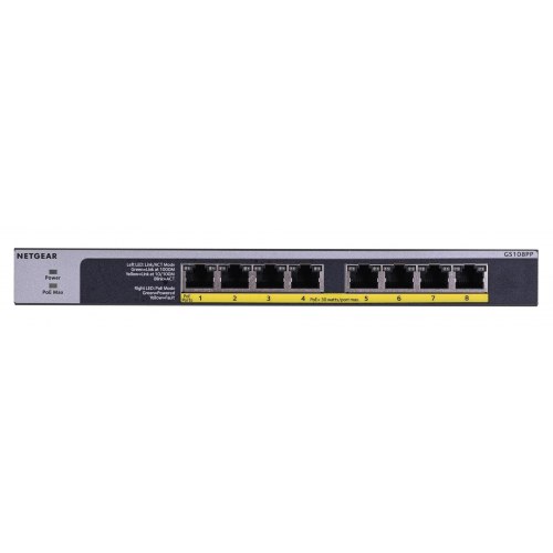 Netværksswitch NETGEAR GS108PP – 8-port Gigabit PoE+ (uadministreret) – sort