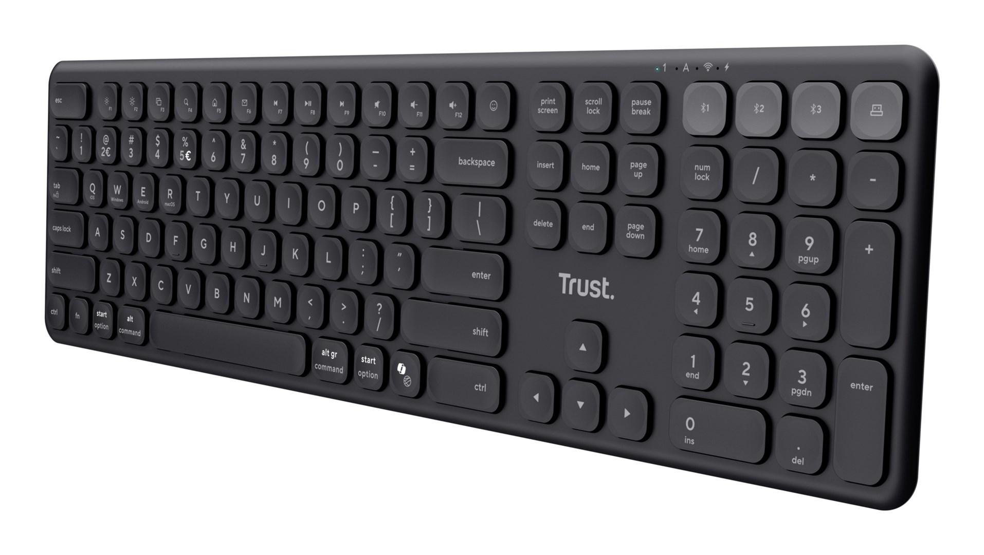 Tastatur med USB, RF og Bluetooth - Trust Vaiya, US-layout, sort billede