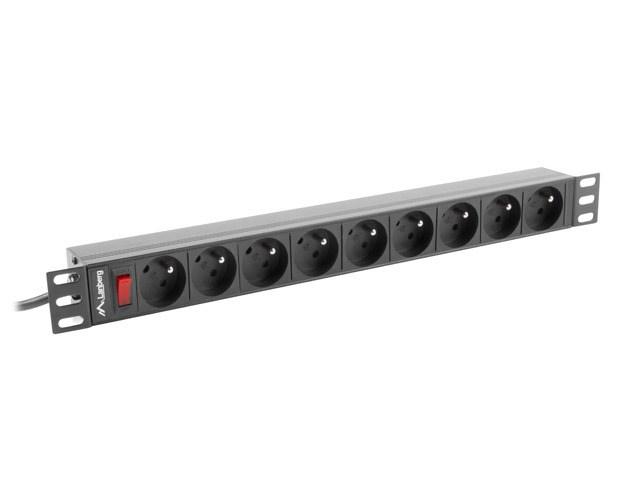 Stikdåse til 19" rack 1U - Lanberg, 9 udtag, 16 A, Type E, 3 m billede