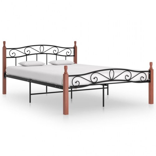 Sengeramme 140x200 cm metal og massivt egetræ sort