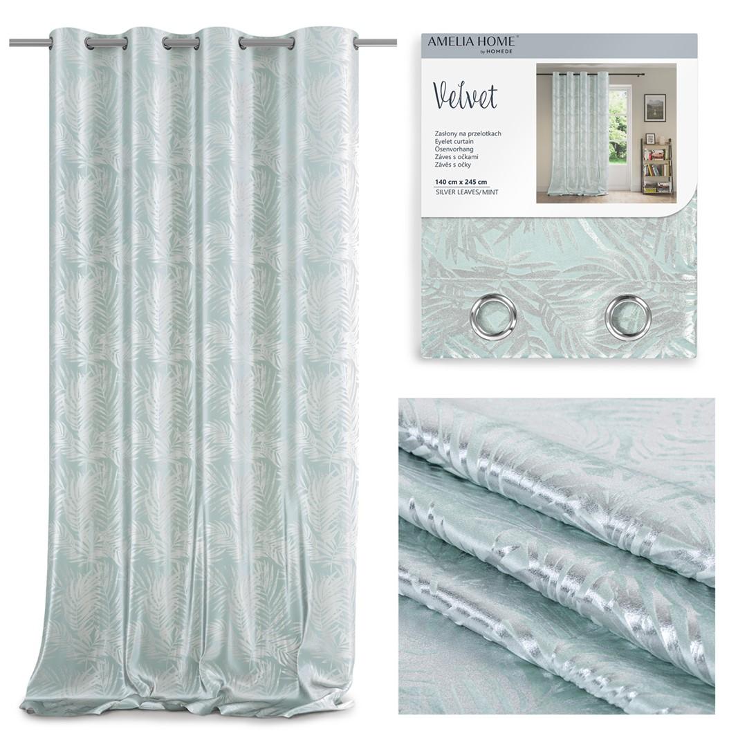 Mørklægningsgardin Amelia Home SILVERLEAVES - mintgrøn fløjl 140×245 cm med sølv-øskner
