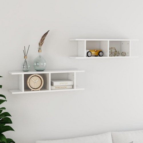 Væghylder 2 stk. 75x18x20 cm konstrueret træ hvid højglans