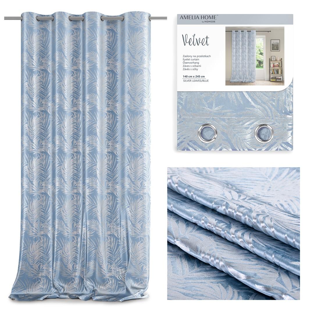 Mørklægningsgardin Amelia Home SILVERLEAVES 140×245 cm - himmelblå fløjl med sølv øskner