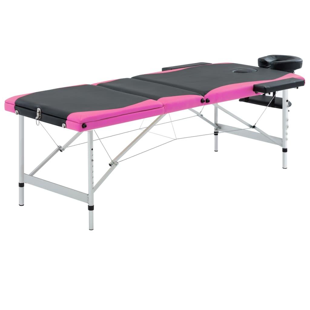 Sammenfoldeligt massagebord aluminiumsstel 3 zoner sort lyserød