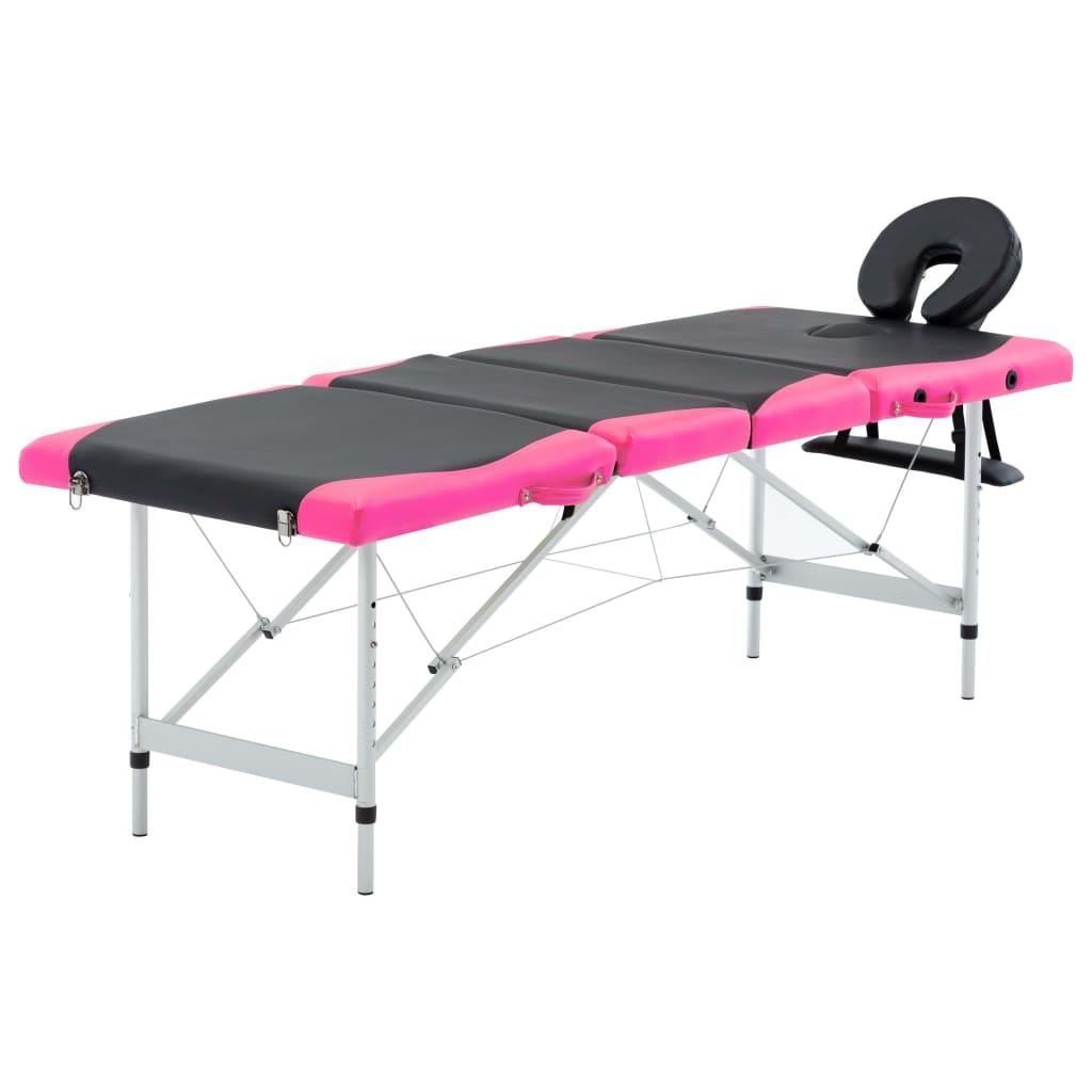 Sammenfoldeligt massagebord aluminiumsstel 4 zoner sort lyserød