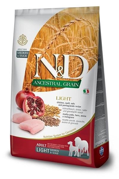 Hundefoder Farmina N&D Ancestral Grain Light – kylling, spelt, havre & granatæble, Adult Medium & Maxi 12 kg