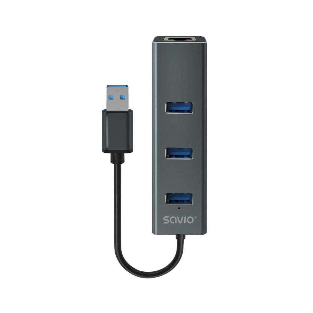 Savio AK-57 USB-A - 3 x USB-A HUB with RJ-45 Gigabit Ethernet adapter 5000 Mbit/s grey USB 3.2 Gen 1 (3.1 Gen 1) Micro-B 5000 Mbit/s Sort