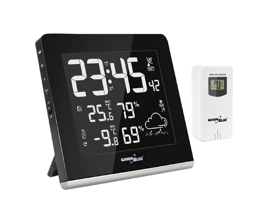 Vejrstation med trådløs sensor GreenBlue, sort/hvid LCD, batteri